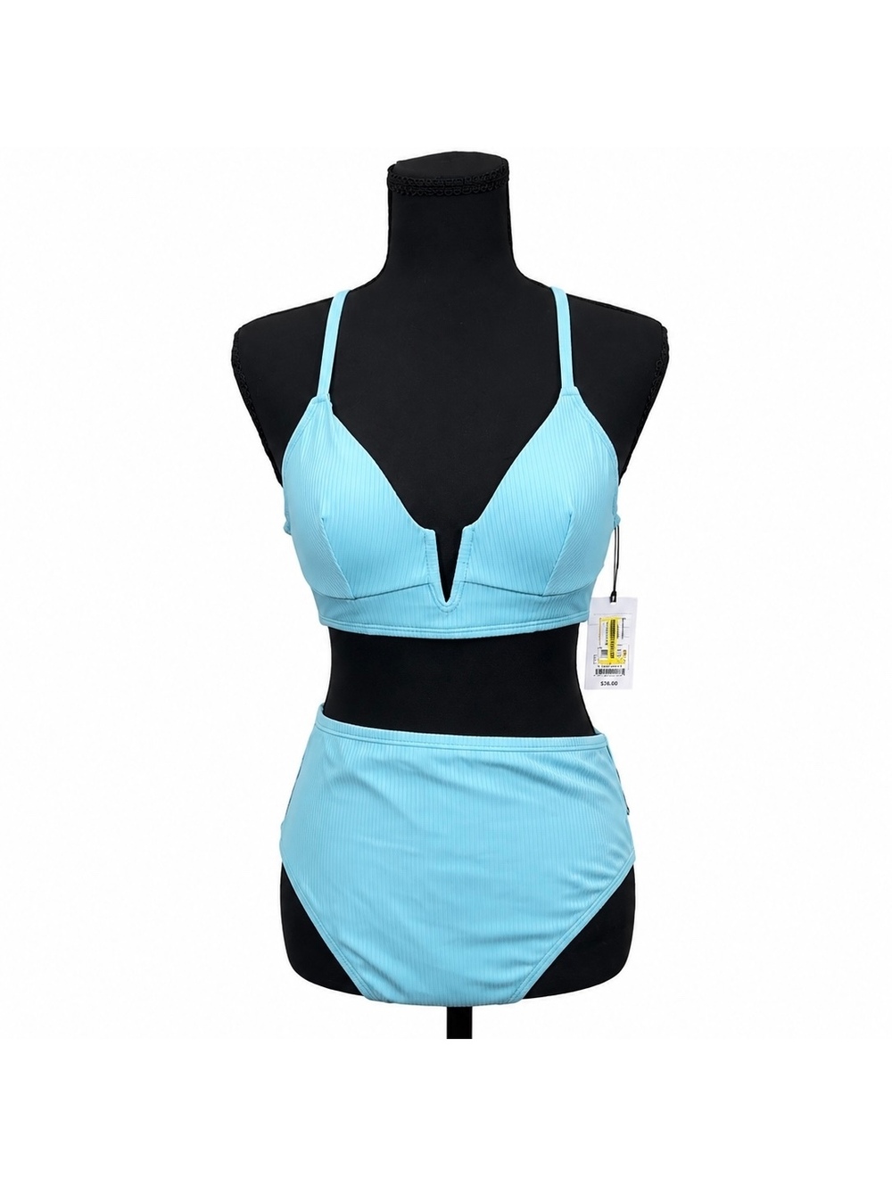Shade & Shore Blue Ribbed Bikini Set (34 B Top) (M High Waist Bottom)